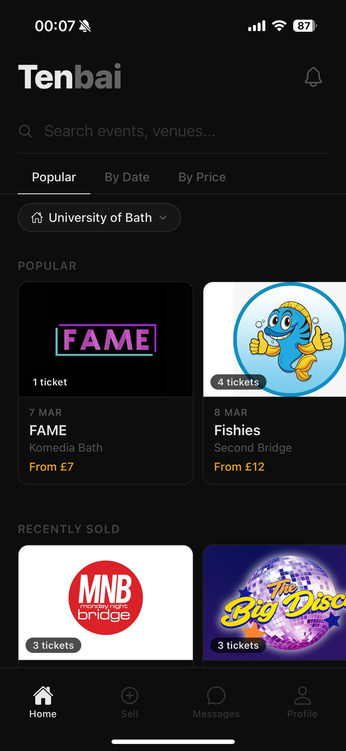 Tenbai home screen showing upcoming events