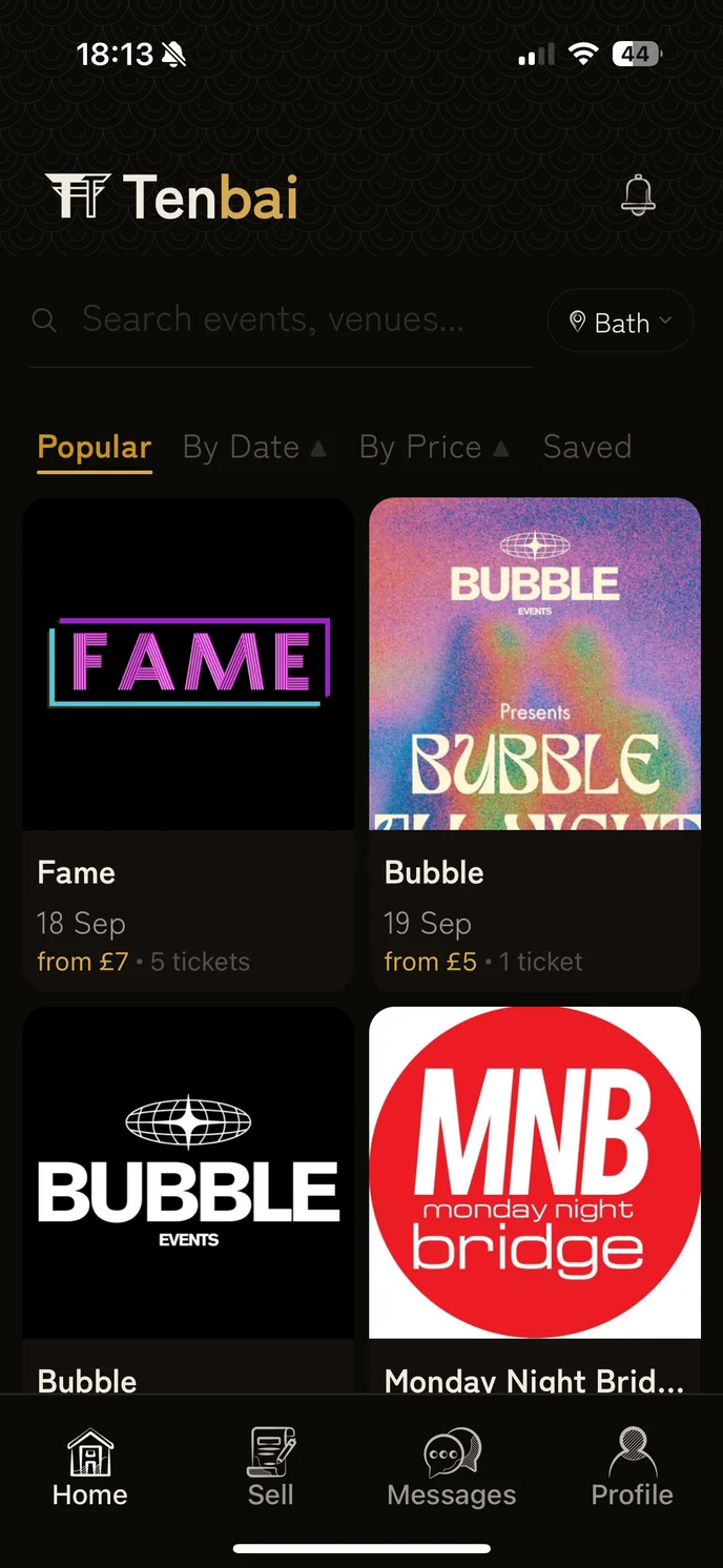 The Tenbai home screen, showing upcoming events at the University of Bath