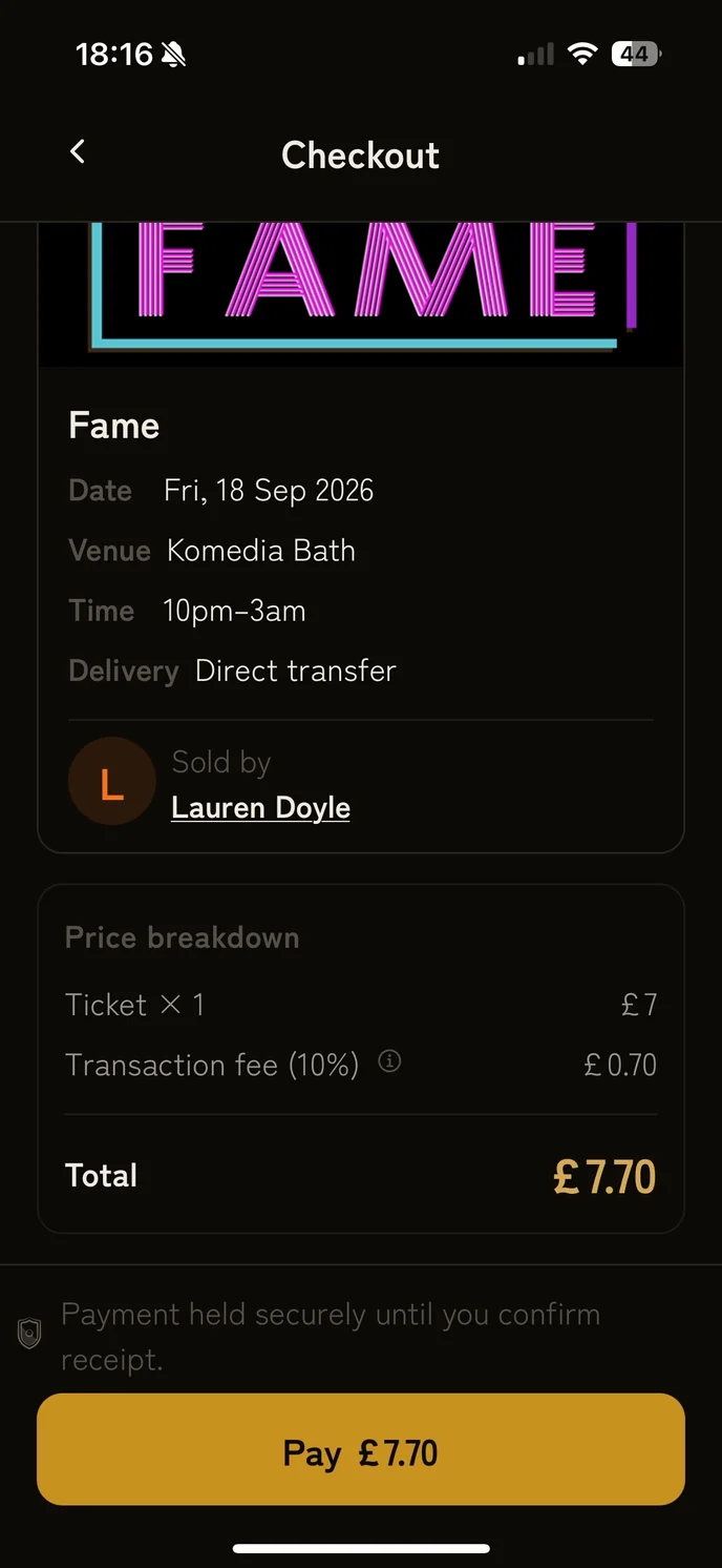 The Tenbai checkout screen, showing the ticket price, the transaction fee and the total