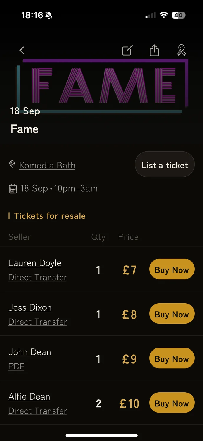 A Tenbai event page listing four tickets for resale from different student sellers